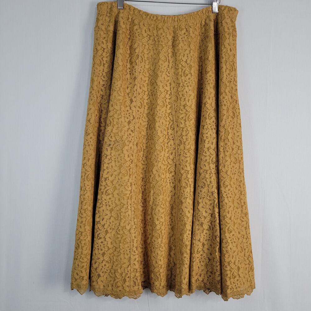 Susan Graver Floral Lace Overlay Pull On Midi Skirt size 1X Tan Cottagecore USA